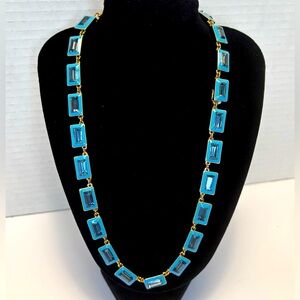 Blue and Gold Tone Glass Necklace with Lobster Claw Closure